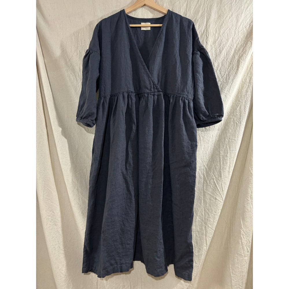 Offon 100% Linen Oversized Wrap Lagenlook Dress Denim Blue V-Neck Pockets Large